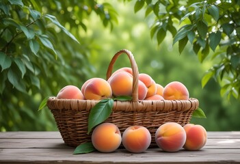 Wicker basket filled with juicy peaches on a wooden table, with a blurred green foliage background