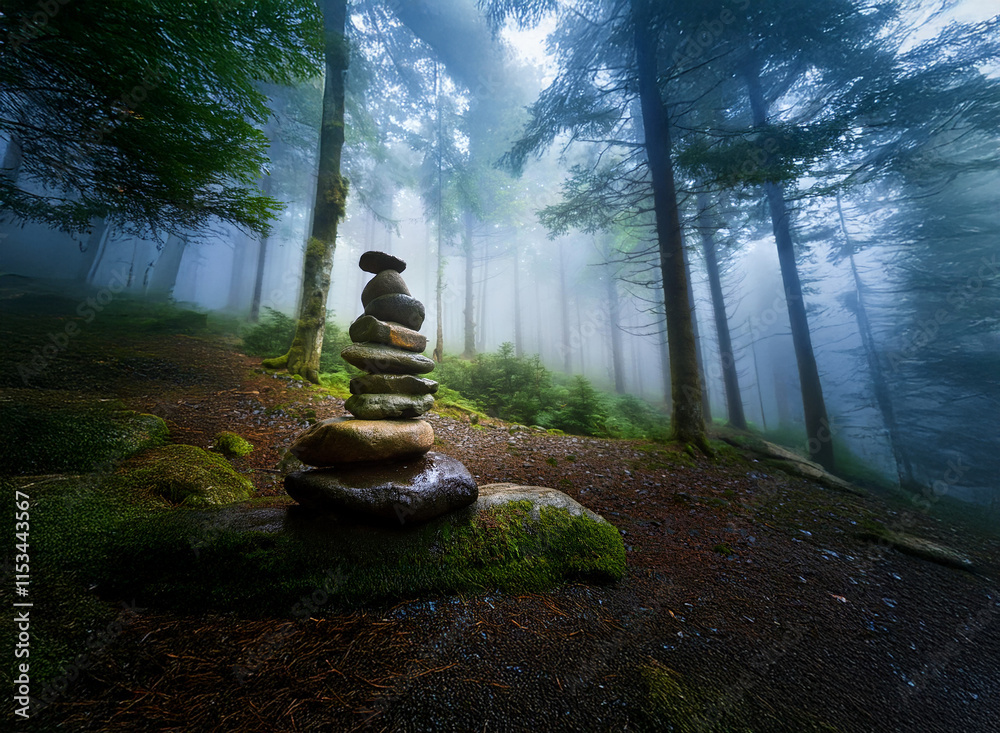 Aufkleber a mystical cairn of stones rests on mossy ground in a misty, sun-dappled forest. tall trees surround