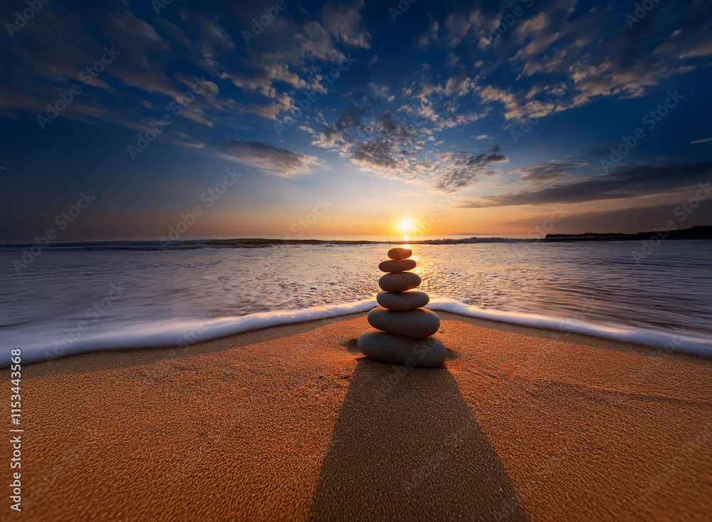 Poster serene sunset over a calm ocean. a balanced stack of grey stones sits on a sandy beach, casting a sh