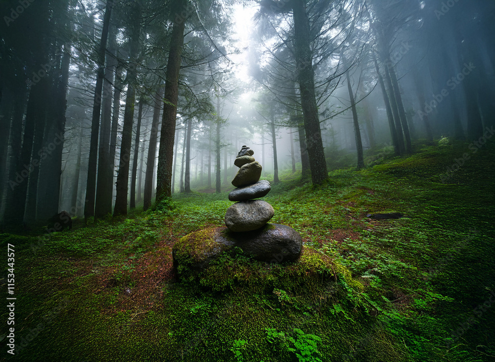 Poster a mystical stone cairn sits in a misty, moss-covered forest, creating a serene and peaceful atmosphe