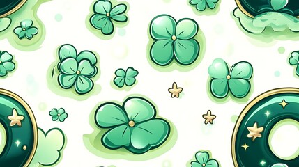 Naklejka premium A vibrant horseshoe glowing with golden light, surrounded by tiny charms like four-leaf clovers and stars in bright pastel colors, set on a radiant white background with subtle shadows.