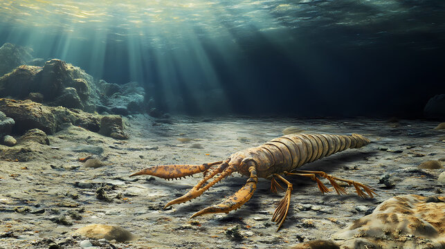 Eurypterus crawling on silurian sea bottom. Seafloor. Illustration