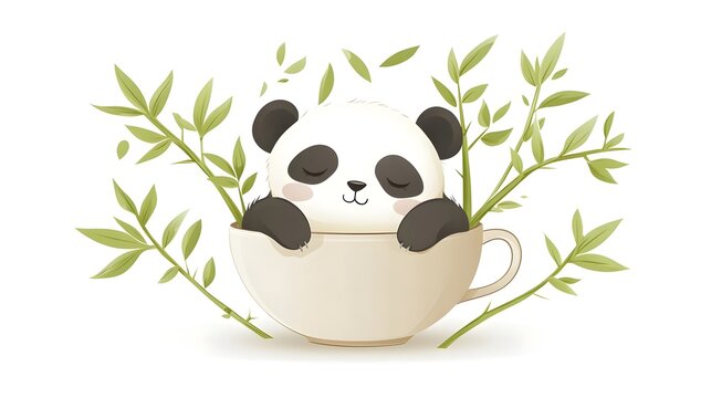 A cute panda resting in a teacup surrounded by bamboo leaves.
