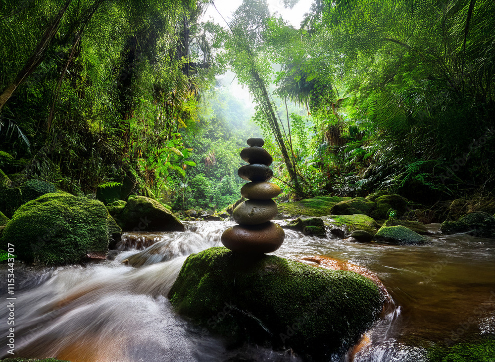 Poster serene stream flows through lush green rainforest. a balanced stack of stones sits on a moss-covered
