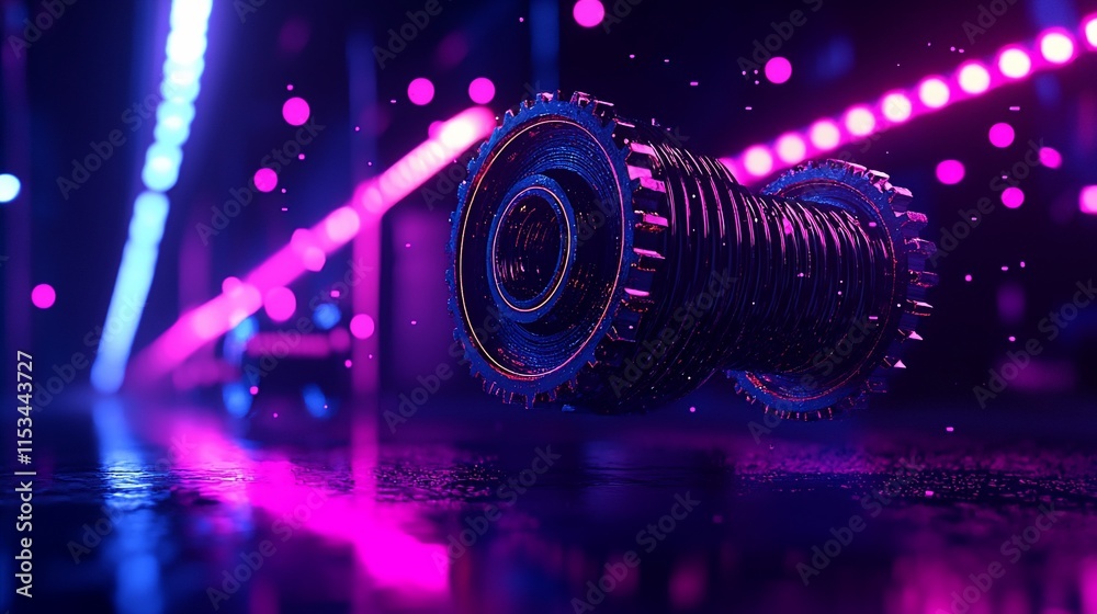 Poster Futuristic metallic gears with neon lights.