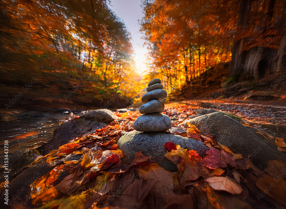 Poster serene autumn scene: a balanced stack of grey stones rests on colorful fallen leaves beside a tranqu