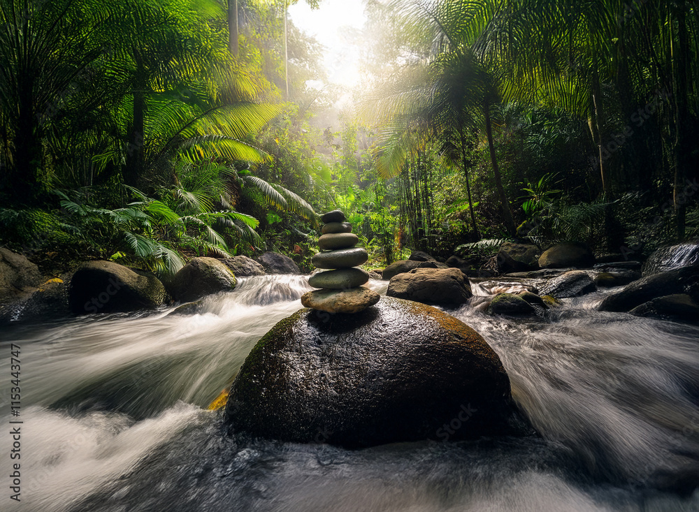 Aufkleber serene rainforest scene: sunlit stream flows around a large rock, topped with a balanced stone cairn