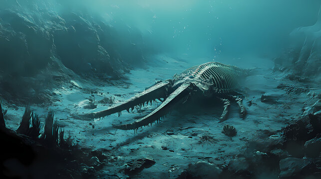 Illustration of eurypterid kokomopterus on a seafloor scavenging a dead trilobite. Seafloor. Illustration