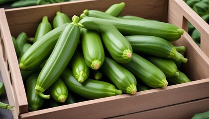 Obraz premium Zucchini in a wooden crate, close-up view of the fresh, vibrant green bean pods