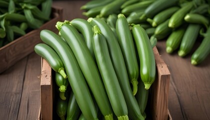 Obraz premium Zucchini in a wooden crate, close-up view of the fresh, vibrant green bean pods