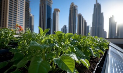 Fototapeta premium Rooftop garden thriving amidst urban skyscrapers.