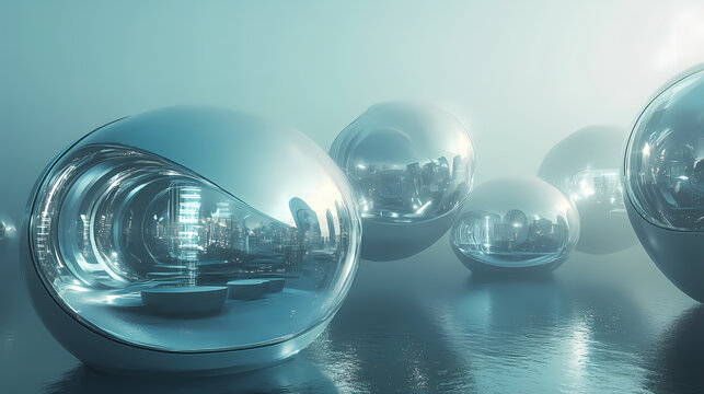 Modern underwater city with sleek metallic structures. Seafloor. Illustration