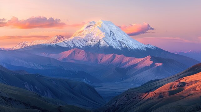 A breathtaking view of a snow-capped mountain range bathed in the warm glow of the setting sun