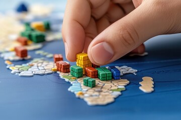 Fototapeta premium Hand placing colorful blocks on a world map model, symbolizing global trade, shipping, and logistics.