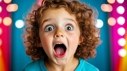 Amazed redhead child showing wonder and excitement in amusement park with colorful bokeh lights in the background