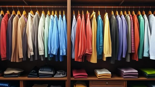 Organizing a closet with colorful shirts and neatly folded pants for better space management