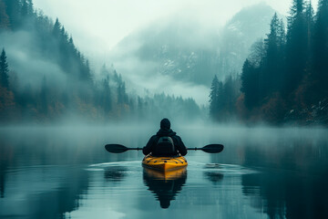 Back view of kayaking in a serene lake surrounded by morning mist. Adventure and travel.