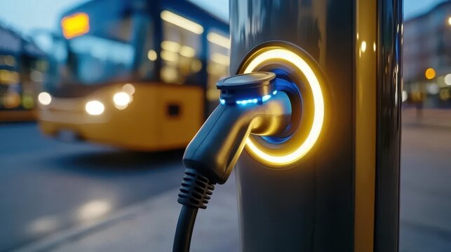 Close-up of an electric vehicle charging station with a glowing connector, with a blurred bus in the background at night.