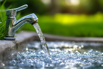 Pure Water Flowing from a Tap in Nature