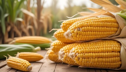 Freshly harvested corn cobs stacked on a wooden surface, with a blurred background