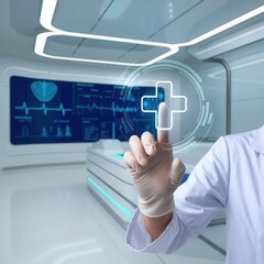 Doctor in gloves interacting with a virtual medical interface in a futuristic high-tech laboratory environment.