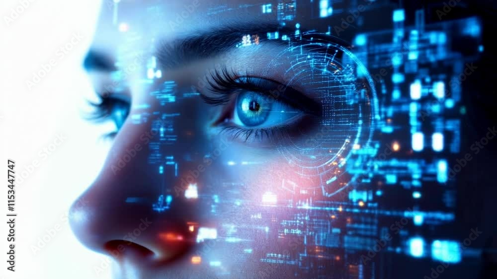 Wall mural futuristic female profile with digital data overlay. artificial intelligence and machine learning co