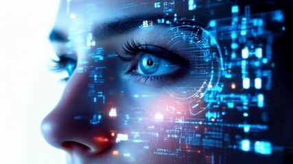 Futuristic female profile with digital data overlay. Artificial intelligence and machine learning concept. High-tech facial recognition technology visualized  - Powered by Adobe