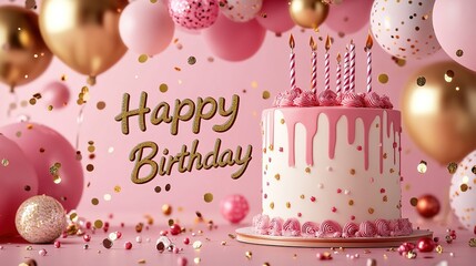 A "Happy Birthday" message in elegant gold lettering with birthday cake and decoration party on pink background,8k image