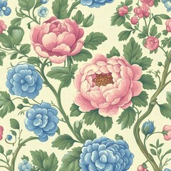 A vibrant floral pattern featuring pink peonies and blue blooms on a soft cream background, creating a harmonious and elegant atmosphere.