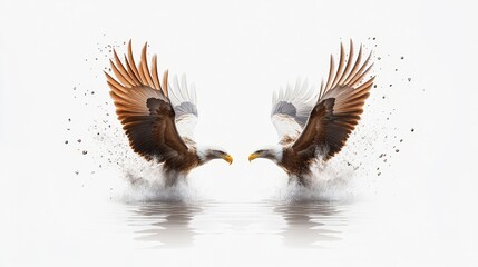 Obraz premium Majestic Eagles Clashing in Mid-Air above a Reflective Water Surface with Dynamic Feathers and Powerful Wing Displays in a Serene Environment