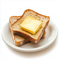 Toasted Bread with Butter and a Butter Dish on a White Background..