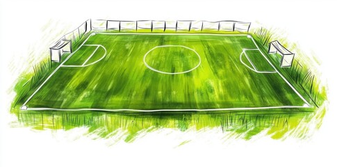 Une illustration dessinée à la main d'un terrain de football avec des buts et un centre circulaire.