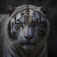 Fototapeta premium A white tiger with intense eyes and a fierce expression, set against a dark background