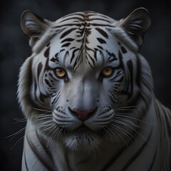 Naklejka premium A white tiger with intense eyes and a fierce expression, set against a dark background