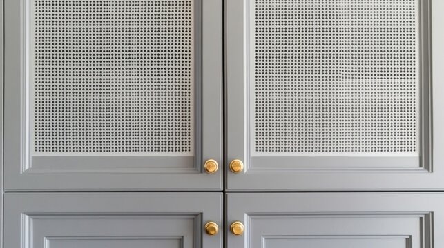 Gray cabinet doors with brass knobs and lattice inserts.