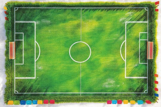 Vue de dessus d'un terrain de football avec des bordures color&eacute;es et une texture d'herbe.