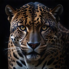 Obraz premium A jaguar with intense eyes and a fierce expression, set against a dark background