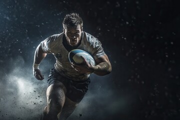 Powerful rugby player running with the ball on a dark background