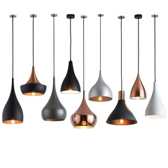 A collection of modern pendant lights in various shapes and colors, including black, white, copper, and glass shades, displayed against a clean background PNG.