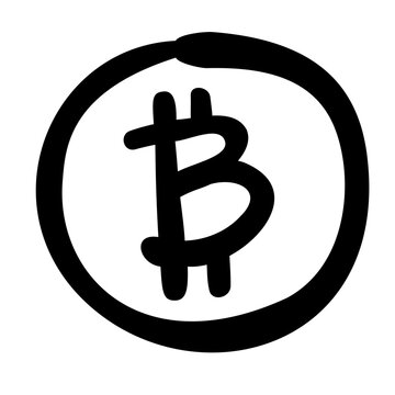 Vector illustration of Bitcoin currency symbol in doodle style. Economy, financial element.