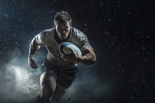 Powerful rugby player running with the ball on a dark background