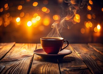 Obraz premium Warm Coffee Glow: Cozy Cup on Wooden Table in Low Light