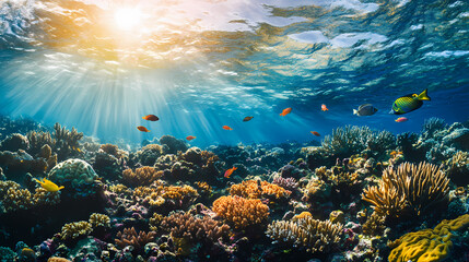 Fototapeta premium Breathtaking underwater scene showcasing vibrant coral reefs and colorful fish swimming in sunlit waters. Seafloor. Illustration