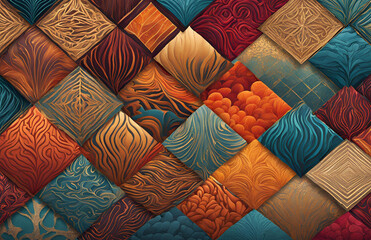 Close-up of colorful textured fabric with intricate patterns, showcasing a vibrant blend of silk, wool, and cotton, perfect for fashion, furniture, and home decoration