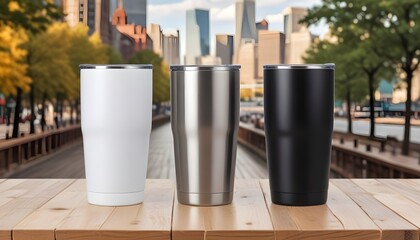 Three stainless steel tumblers on a wooden surface with a city skyline in the background
