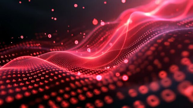 Dynamic red waves and particles: Abstract digital technology background with flowing energy. Futuristic motion graphics for tech, data, or AI concepts 