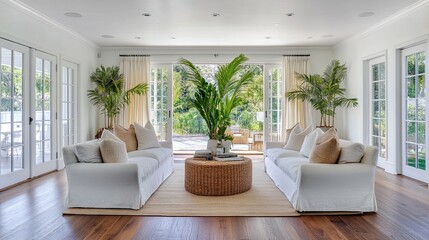 Fototapeta premium living room with white walls and hardwood floors, including a large green plant in the center of the room