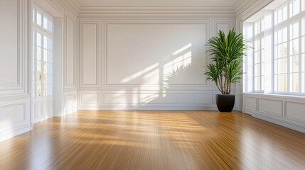 living room with white walls and hardwood floors, including a large green plant in the center of the room