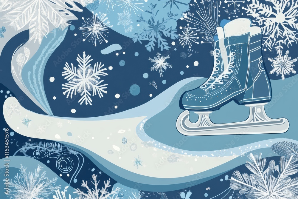 Aufkleber winter themed doodle featuring a blue ice skate on a swirling background of snowflakes and swirling 