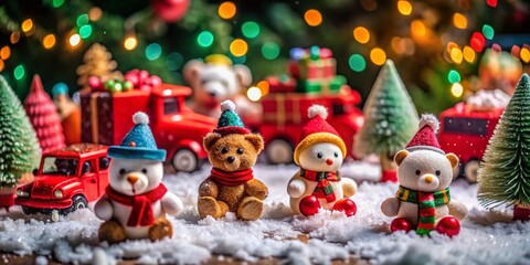 Festive Holiday Tilt-Shift: Teddy Bears, Snowmen & Trucks on Dark Background